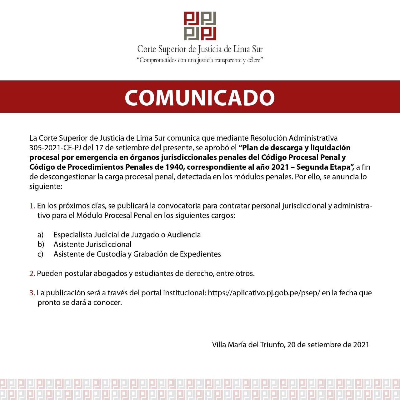 Comunicado de la Corte Superior de Justicia de Lima Sur