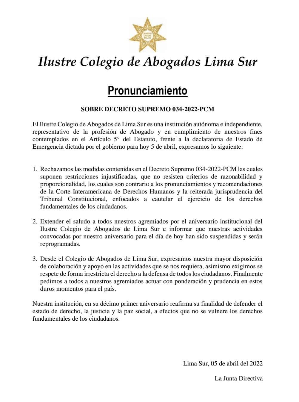 Pronunciamiento del CALSUR sobre Decreto Supremo 034-2022-PCM