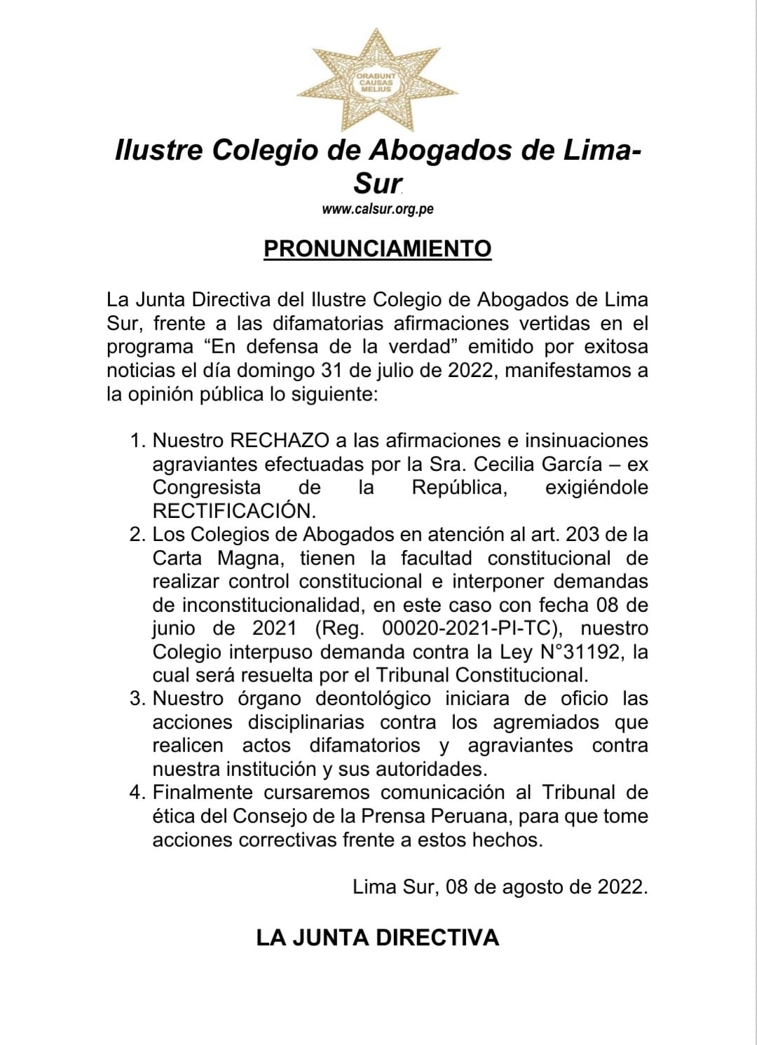 Pronunciamiento de la Junta Directiva del CALSUR frente a difamaciones emitido por Exitosa Noticias