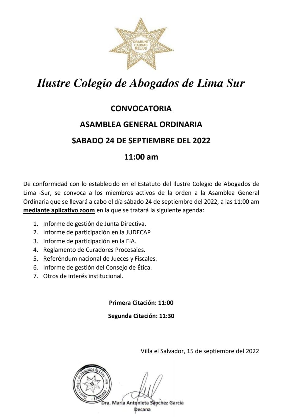 Asamblea General Ordinaria – 24 Setiembre 2022 11 am