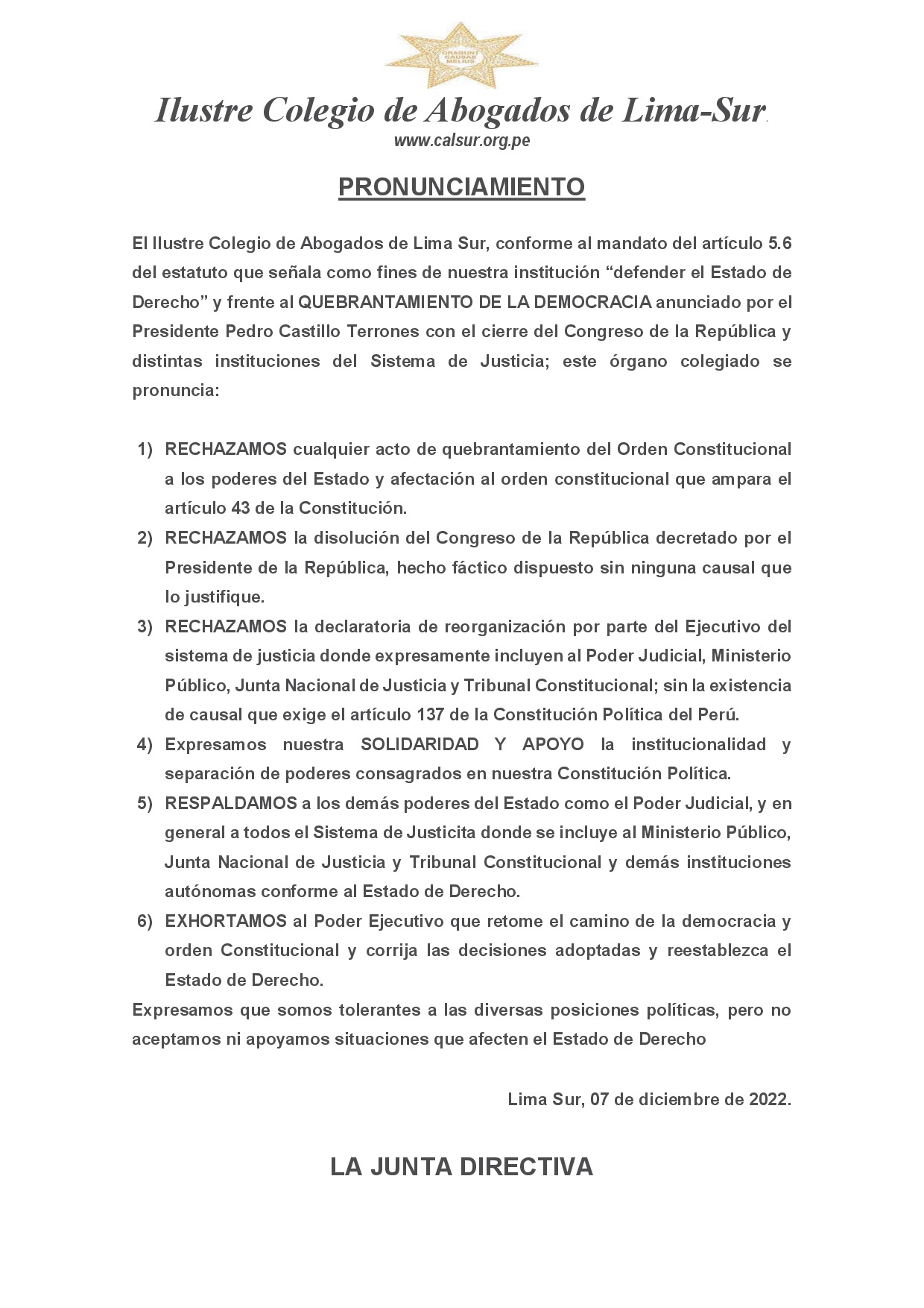 Pronunciamiento del CALSUR