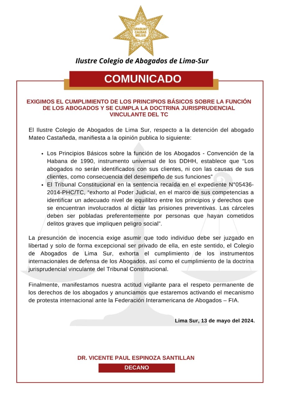 COMUNICADO: Cumplimiento de los Principios Básicos sobre la Función de los Abogados