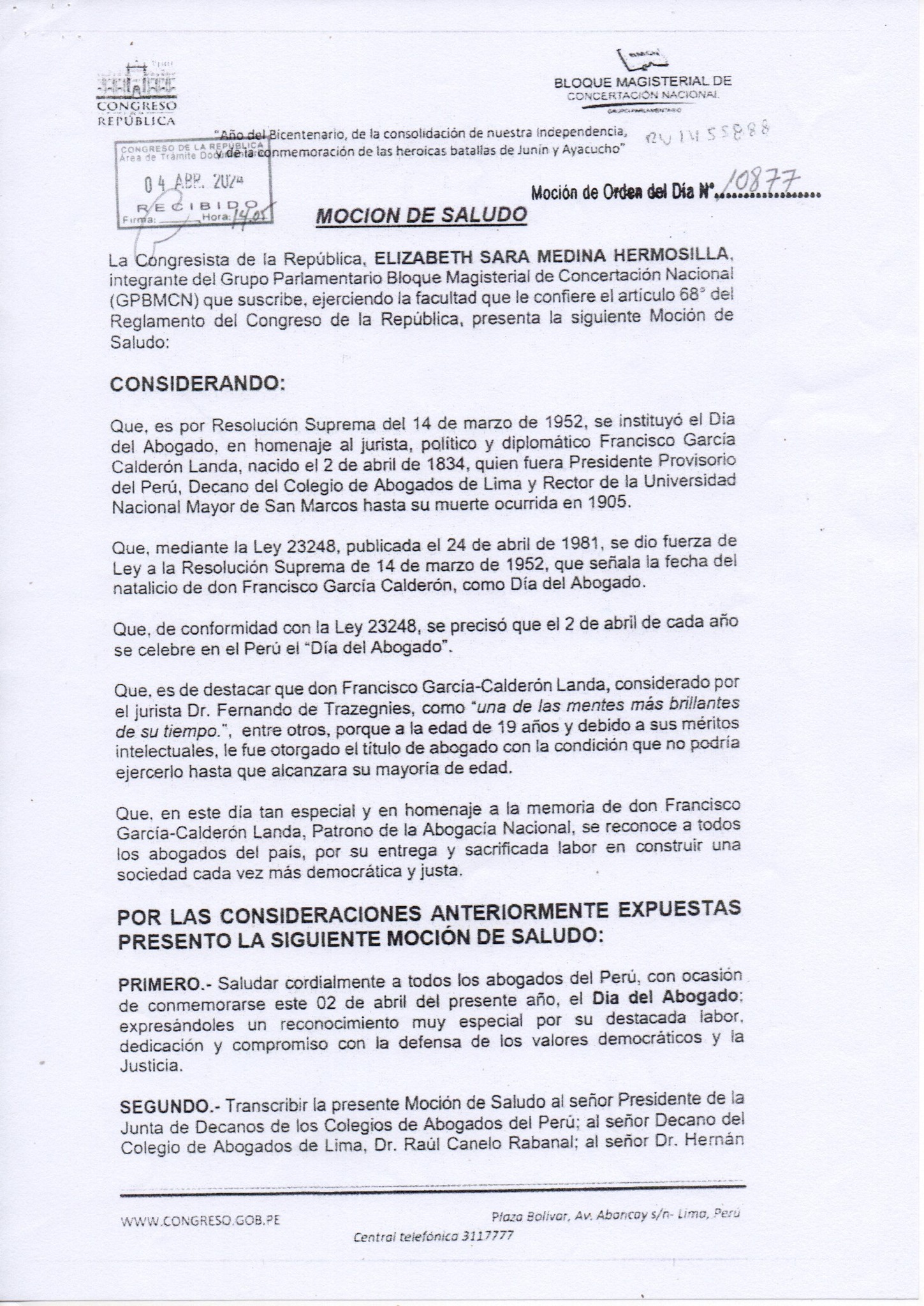 CALSUR extiende el agradecimiento institucional a la Congresista de la República Elizabeth Sara Medina Hermosilla