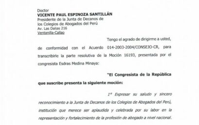 Congresista expresa saludo y sincero reconocimiento a la JUDECAP