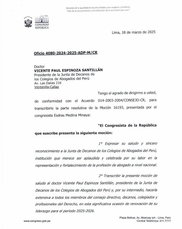 Congresista expresa saludo y sincero reconocimiento a la JUDECAP