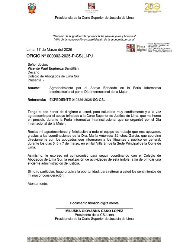 Corte Superior de Justicia de Lima, reconoce labor de apoyo del Ilustre Colegio de Abogados de Lima Sur en la Feria Informativa por el día internacional de la Mujer.