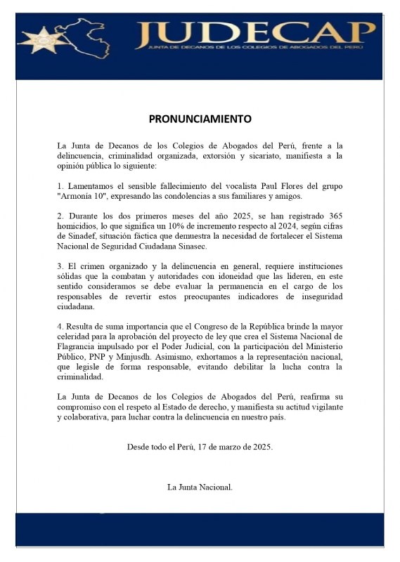 JUDECAP se pronuncia sobre el aumento de la criminalidad y exhorta a fortalecer la seguridad ciudadana