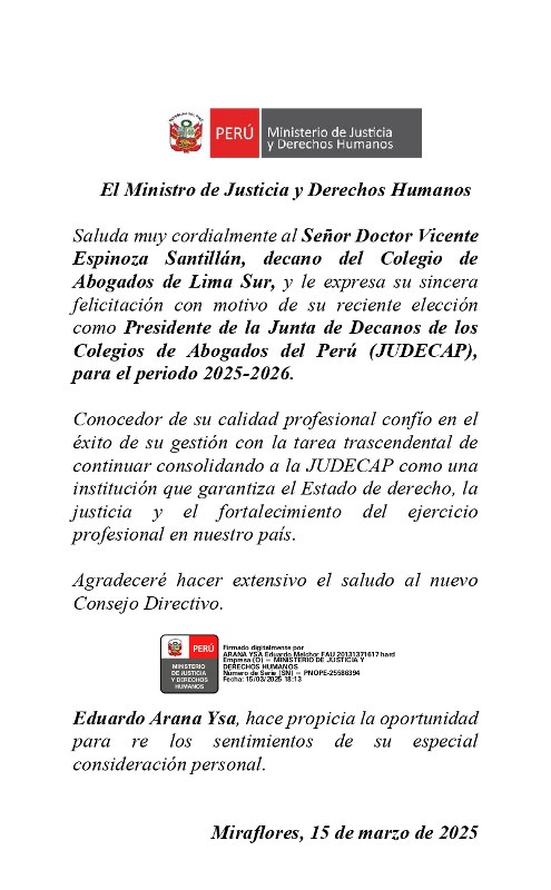 Ministro de Justicia felicita a Vicente Espinoza Santillán por su elección como Presidente de JUDECAP
