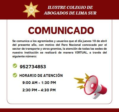 Jueves 10 de abril, con motivo del Paro Nacional la atención se realizará de manera virtual