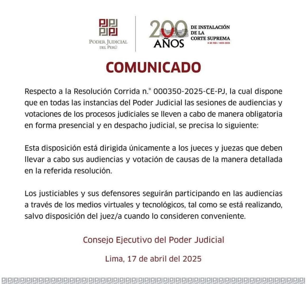 Comunicado Poder Judicial del Perú