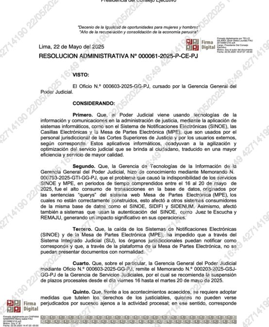 Presidencia del Consejo Ejecutivo – Resolución Administrativa 000061-2025-P-CE-PJ