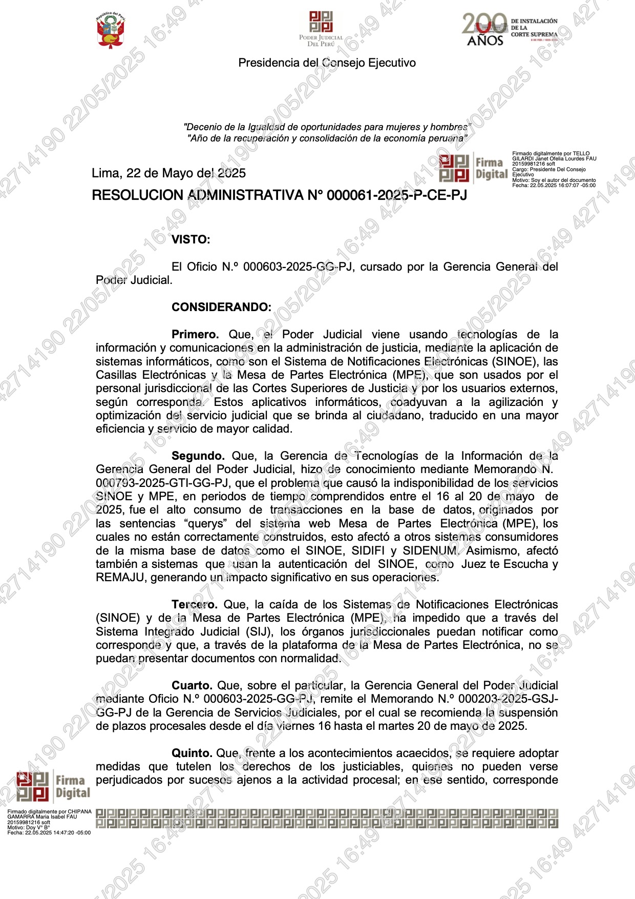 Presidencia del Consejo Ejecutivo – Resolución Administrativa 000061-2025-P-CE-PJ