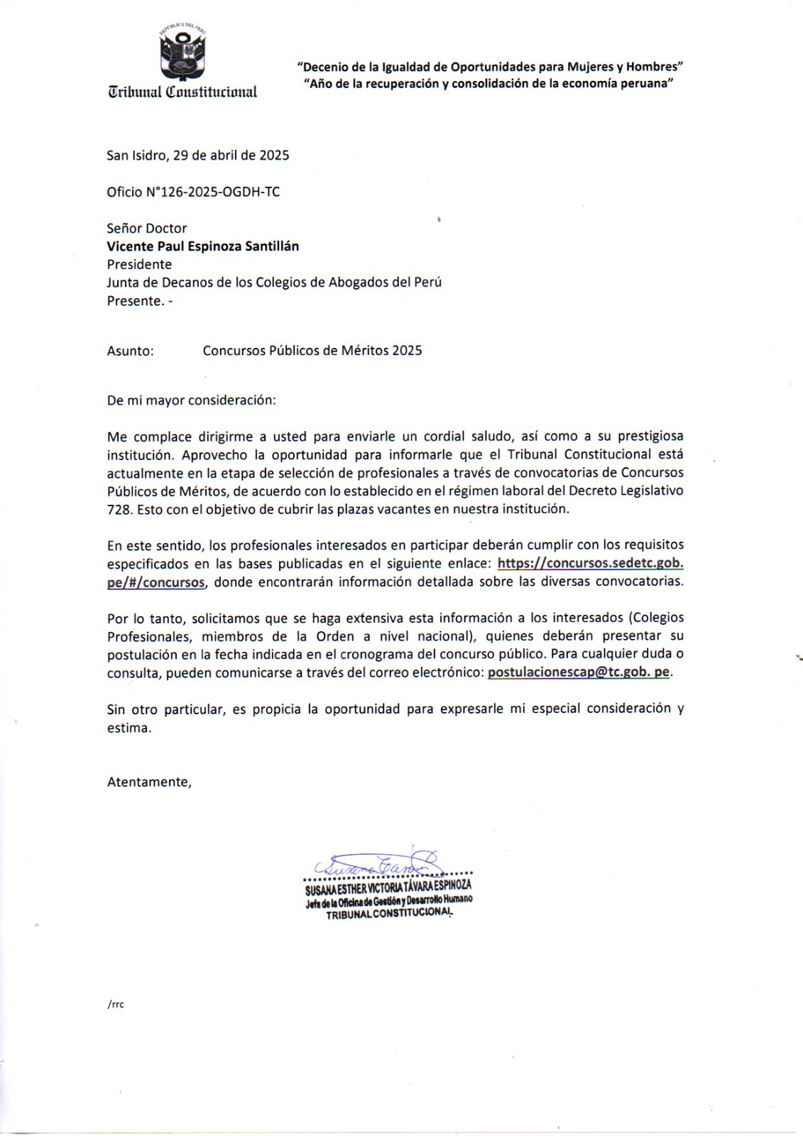 Convocatoria para selección profesional del Tribunal Constitucional
