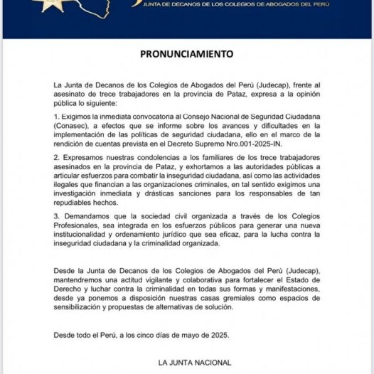 Pronunciamiento de la Junta de Decanos de los Colegios de Abogados del Perú – JUDECAP