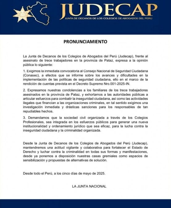 Pronunciamiento de la Junta de Decanos de los Colegios de Abogados del Perú – JUDECAP