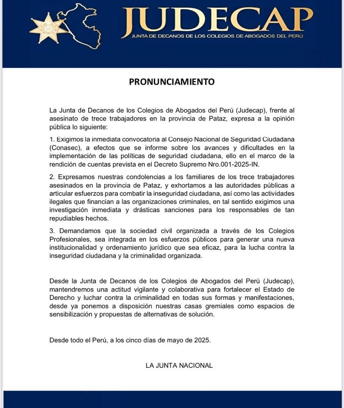 Pronunciamiento de la Junta de Decanos de los Colegios de Abogados del Perú – JUDECAP
