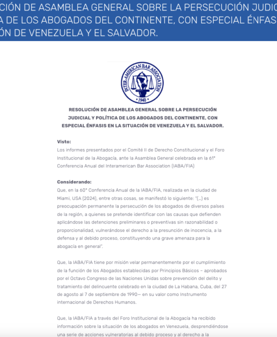 RESOLUCION FIA DE ASAMBLEA GENERAL SOBRE LA PERSECUCIÓN JUDICIAL Y POLÍTICA DE LOS ABOGADOS DEL CONTINENTE, CON ESPECIAL ÉNFASIS EN LA SITUACIÓN DE VENEZUELA Y EL SALVADOR.