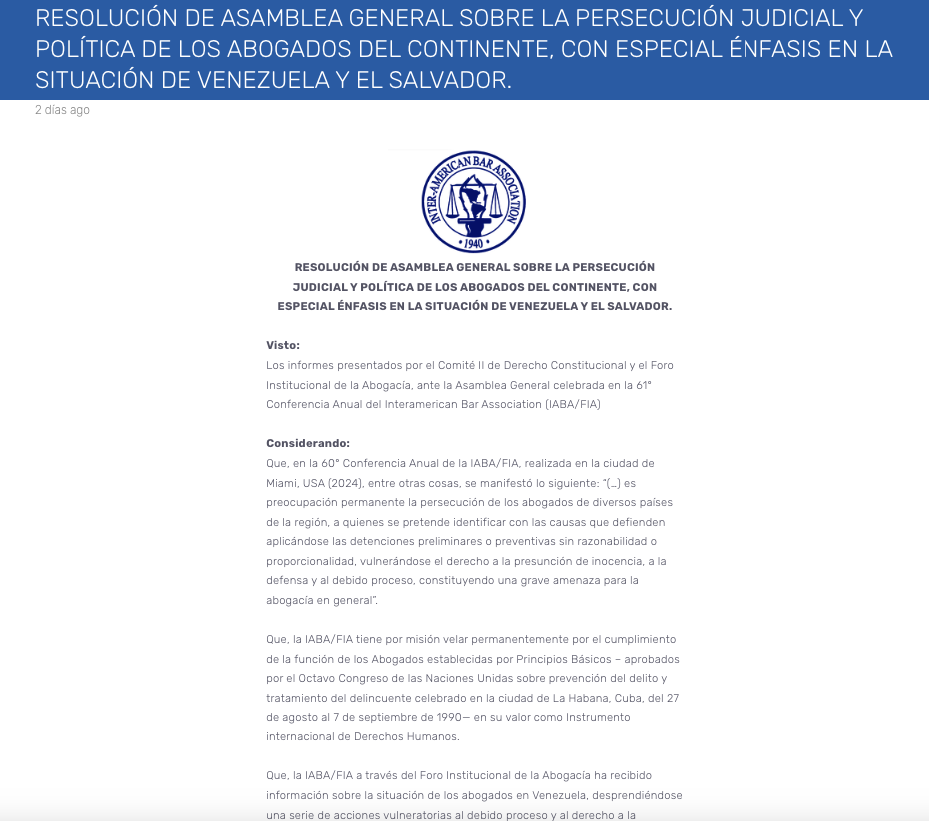 RESOLUCION FIA DE ASAMBLEA GENERAL SOBRE LA PERSECUCIÓN JUDICIAL Y POLÍTICA DE LOS ABOGADOS DEL CONTINENTE, CON ESPECIAL ÉNFASIS EN LA SITUACIÓN DE VENEZUELA Y EL SALVADOR.