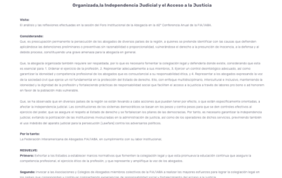 Resolución FIA sobre la Promoción y Protección de la Abogacía Organizada,la Independencia Judicial y el Acceso a la Justicia