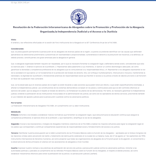 Resolución FIA sobre la Promoción y Protección de la Abogacía Organizada,la Independencia Judicial y el Acceso a la Justicia
