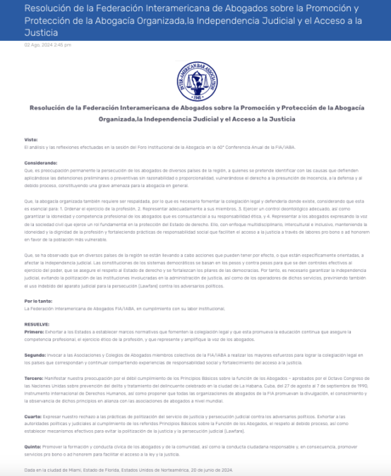 Resolución FIA sobre la Promoción y Protección de la Abogacía Organizada,la Independencia Judicial y el Acceso a la Justicia