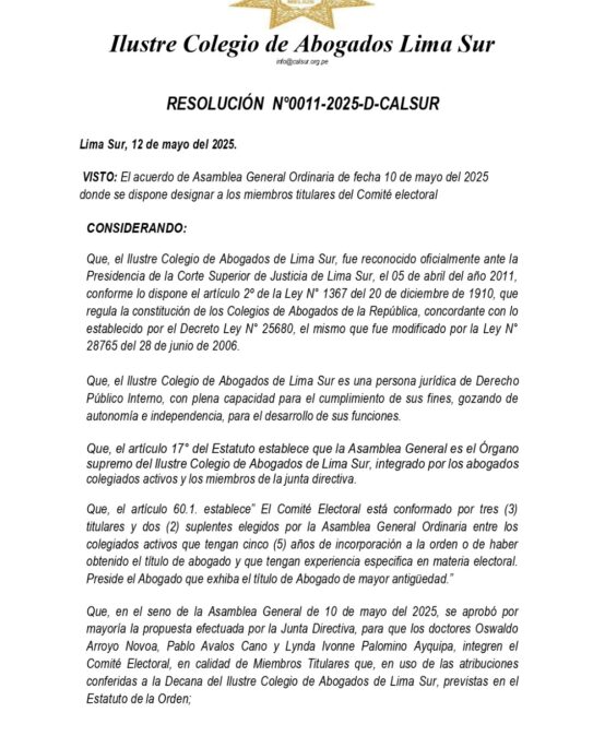Resolución acuerdo general extraordinaria – designación de comité electoral 2