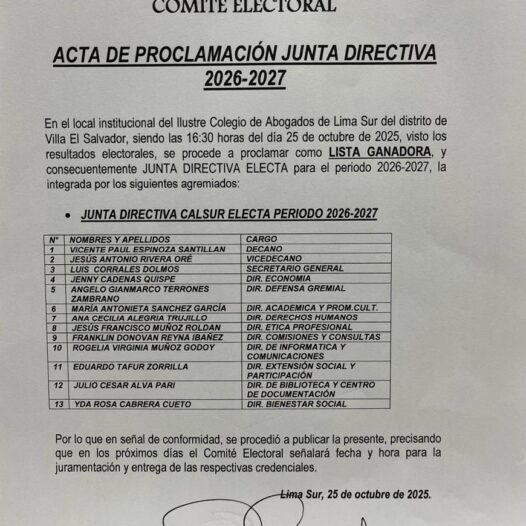 Acta de proclamación Junta Directiva y Junta de Vigilancia 2026-2027