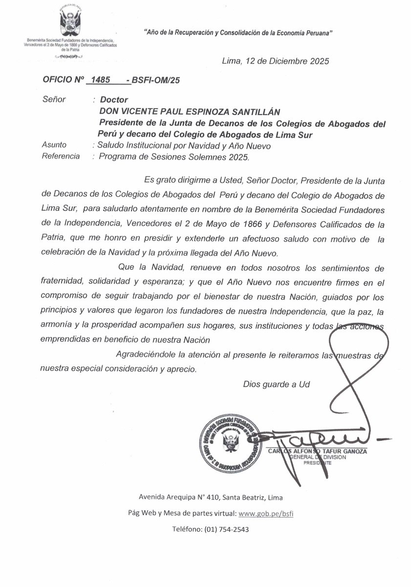 Saludo por navidad de la Benemérita Sociedad Fundadores de la Independencia,