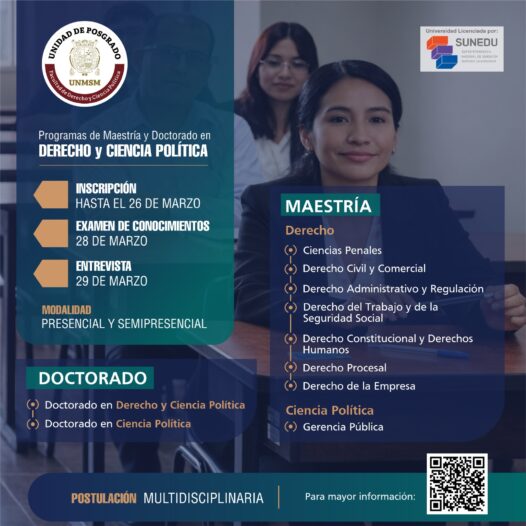 Proceso de Admisión 2026-I a los programas de Maestría y Doctorado de su Facultad de Derecho y Ciencia Política UNMSM