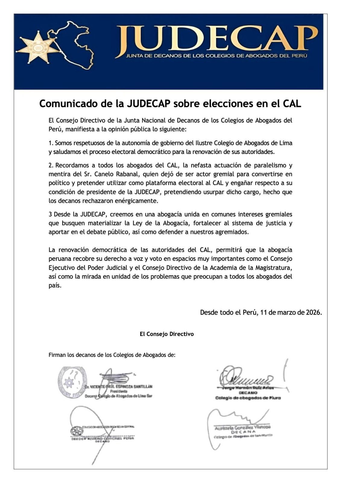 Comunicado de la JUDECAP sobre elecciones en el CAL