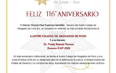 Calsur saluda por el 116 Aniversario al Ilustre Colegio de Abogados de Puno