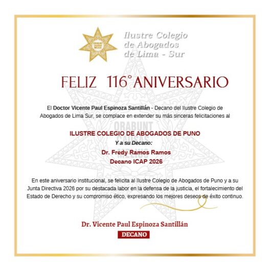 Calsur saluda por el 116 Aniversario al Ilustre Colegio de Abogados de Puno