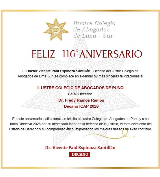 Calsur saluda por el 116 Aniversario al Ilustre Colegio de Abogados de Puno