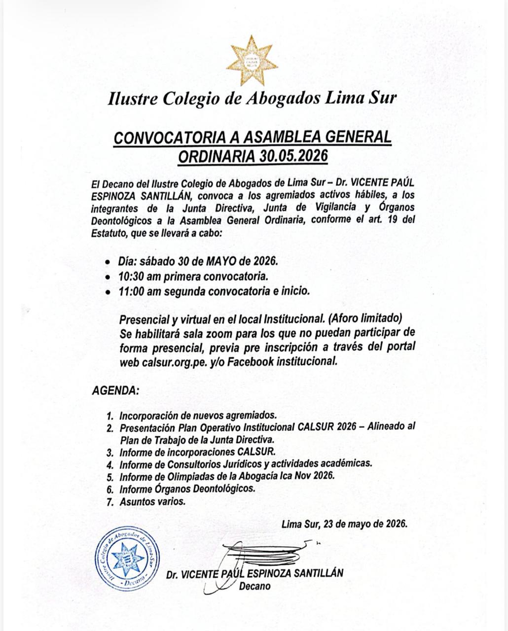 Convocatoria Asamblea General Ordinaria 30 Mayo 2026